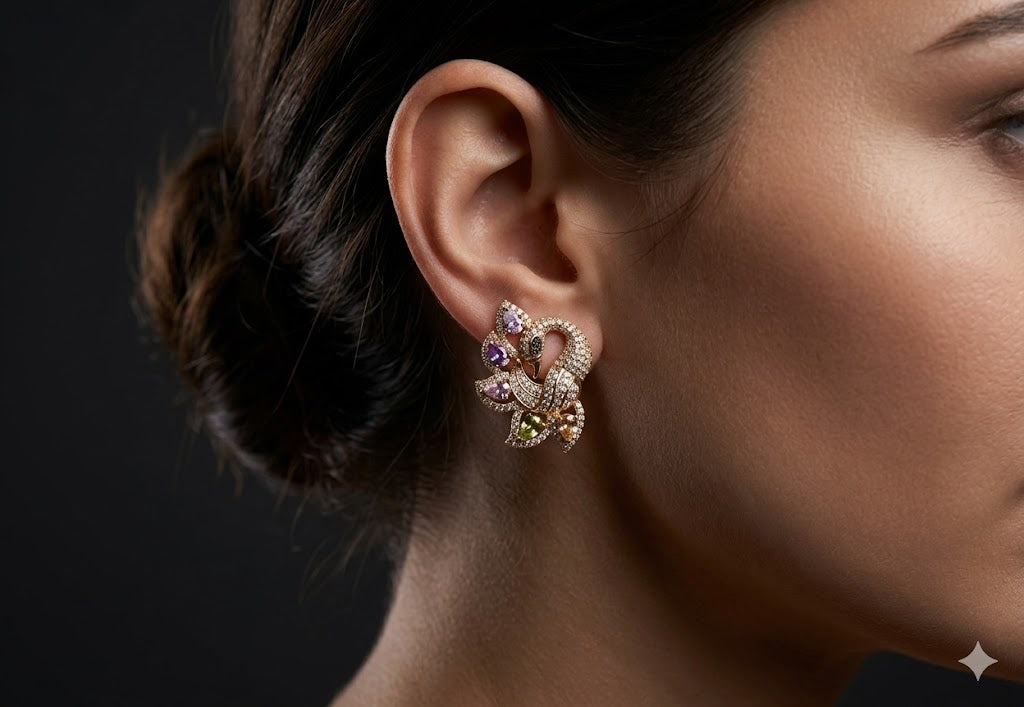 Golden Crystal Leaf Stud Earrings
