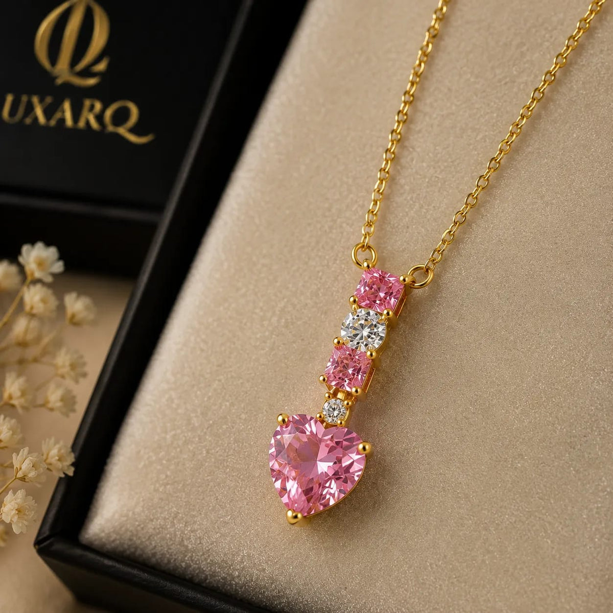 LUXARQ Pink Heart Drop Cubic Zirconia Gold Plated Necklace