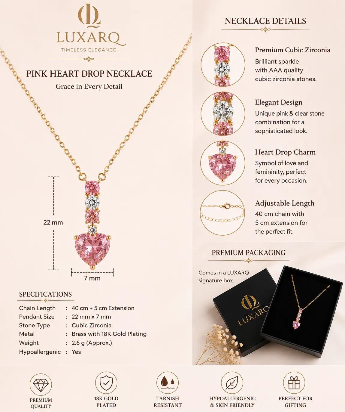 LUXARQ Pink Heart Drop Cubic Zirconia Gold Plated Necklace