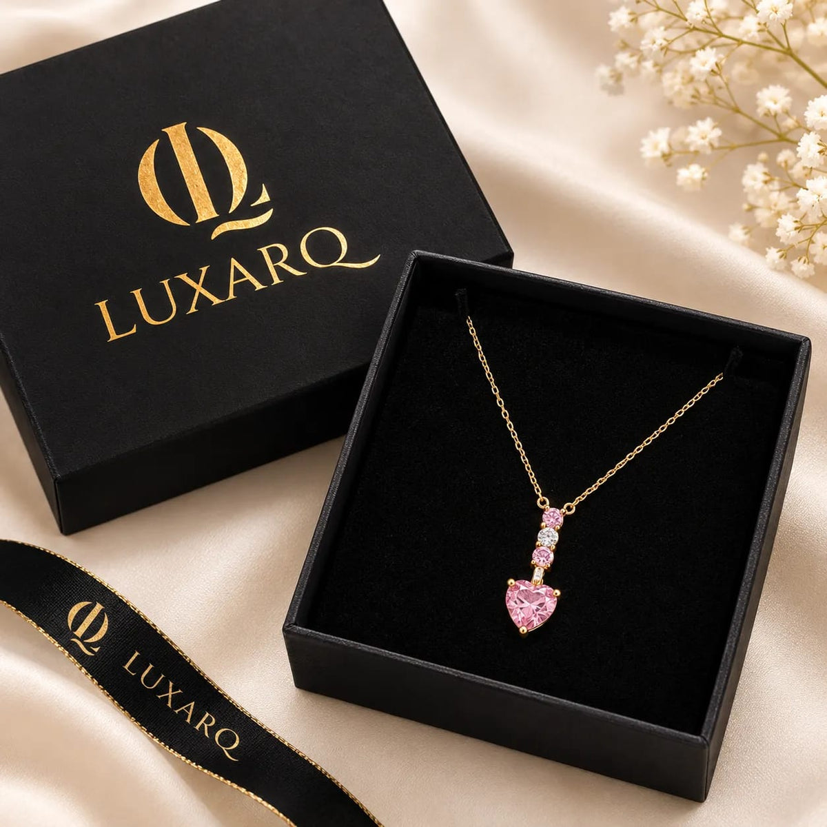 LUXARQ Pink Heart Drop Cubic Zirconia Gold Plated Necklace
