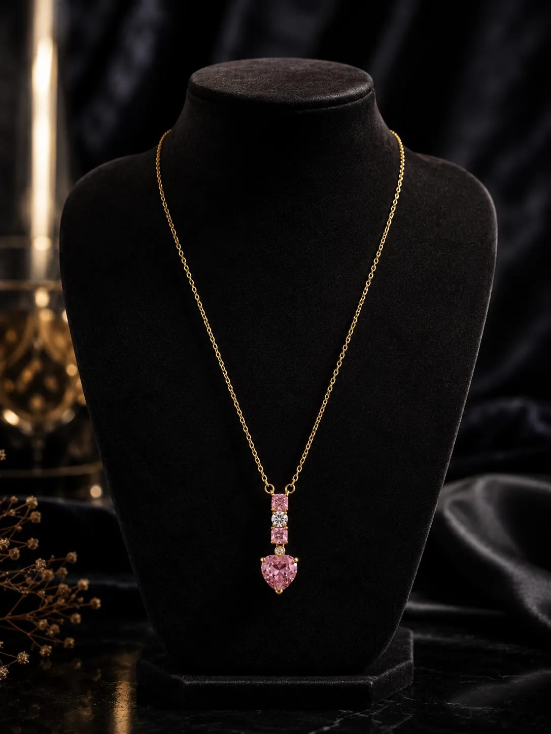 LUXARQ Pink Heart Drop Cubic Zirconia Gold Plated Necklace