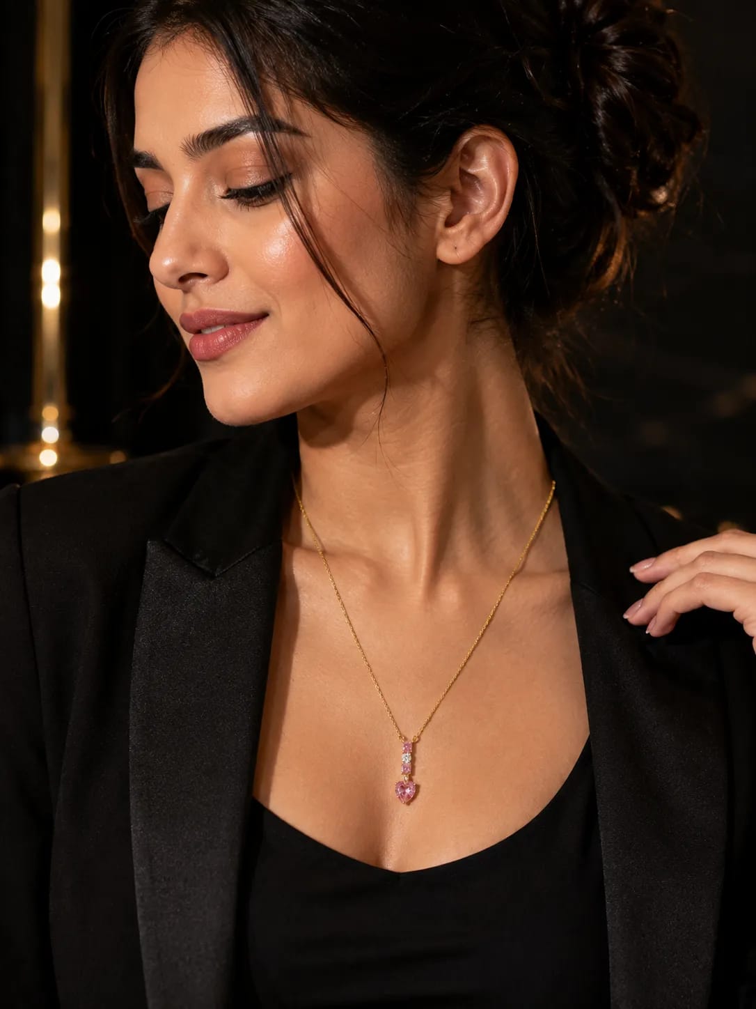 LUXARQ Pink Heart Drop Cubic Zirconia Gold Plated Necklace