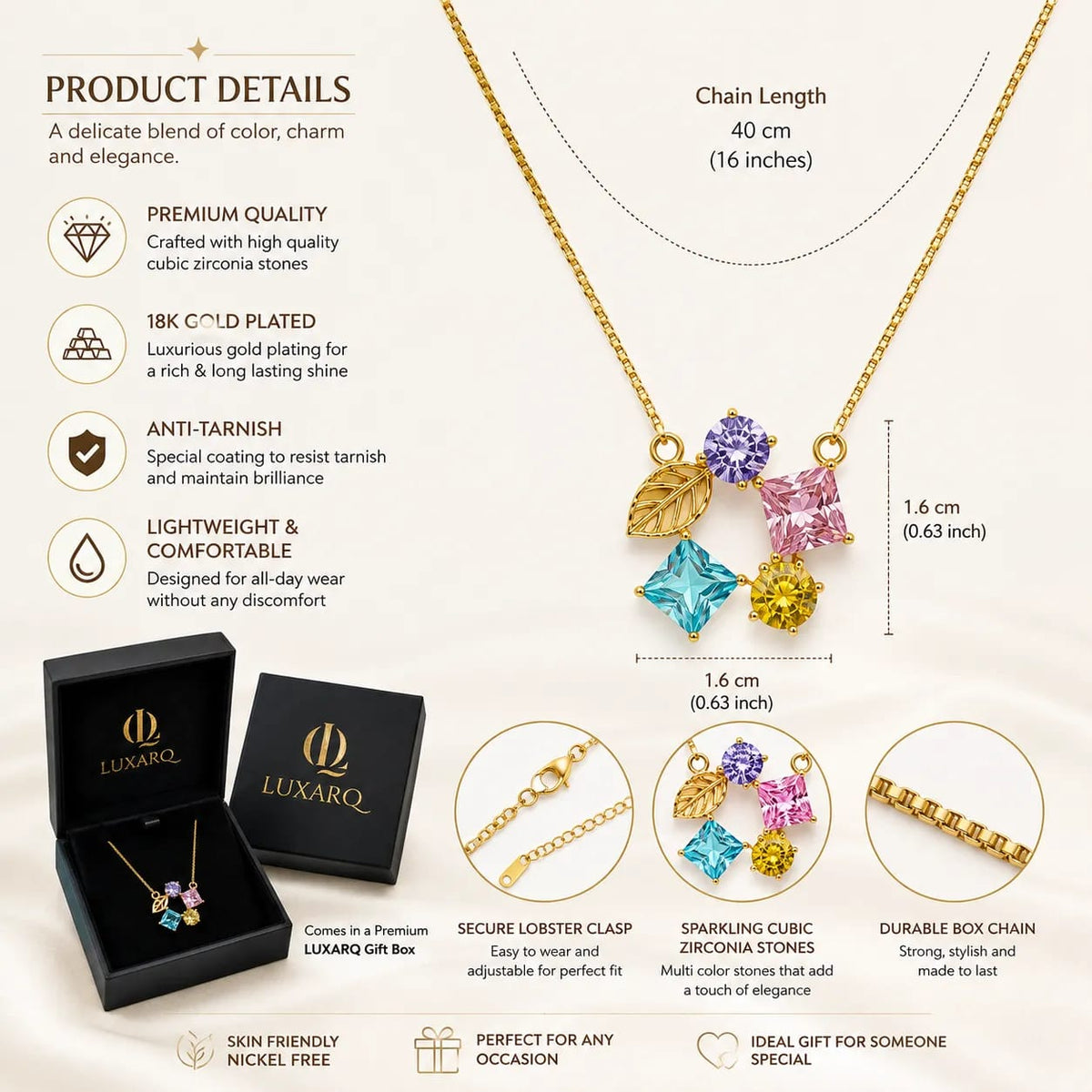 LUXARQ Multicolor Cubic Zirconia Pendant Necklace