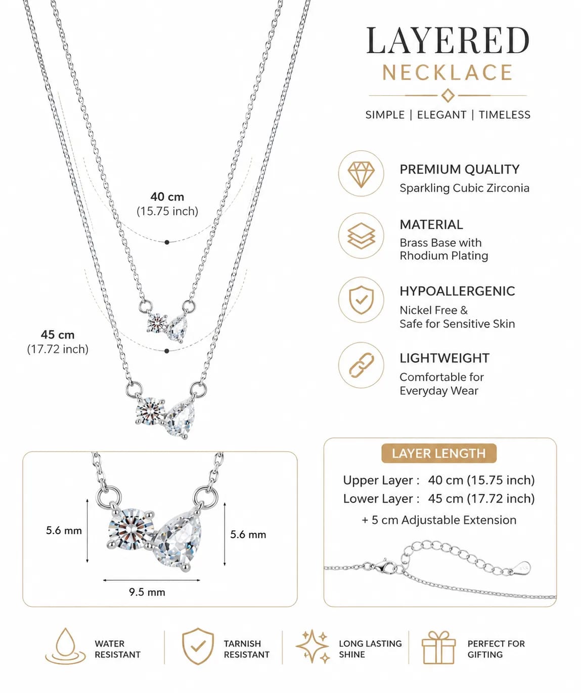 LUXARQ Double Layered Silver Tone Crystal Necklace