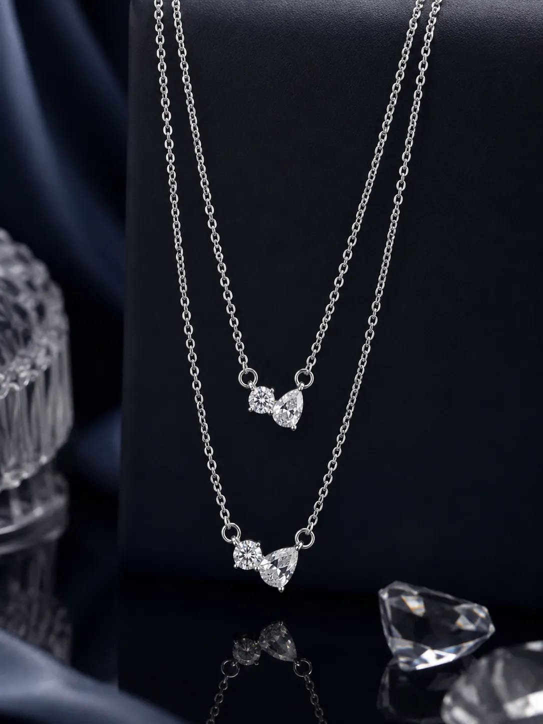 LUXARQ Double Layered Silver Tone Crystal Necklace