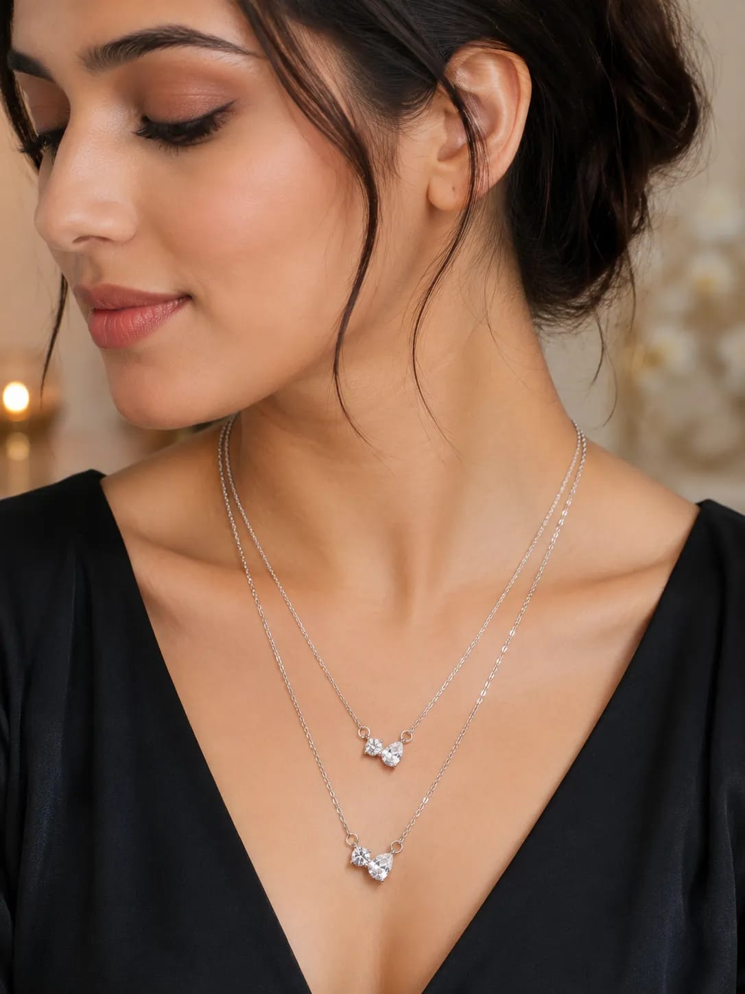 LUXARQ Double Layered Silver Tone Crystal Necklace