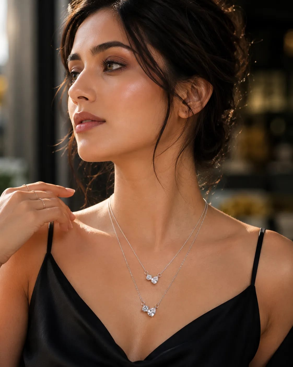 LUXARQ Double Layered Silver Tone Crystal Necklace