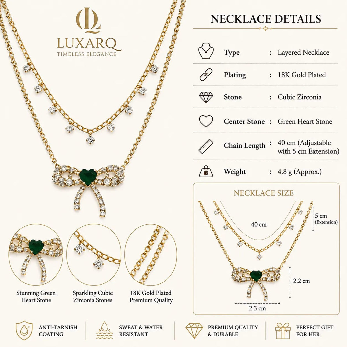 LUXARQ Green Heart Bow Layered Necklace