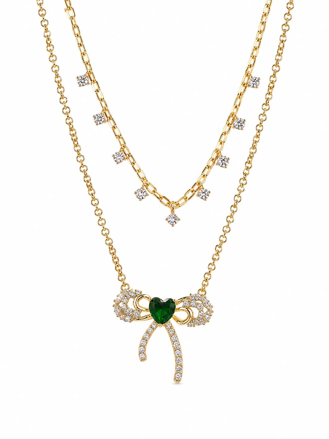LUXARQ Green Heart Bow Layered Necklace