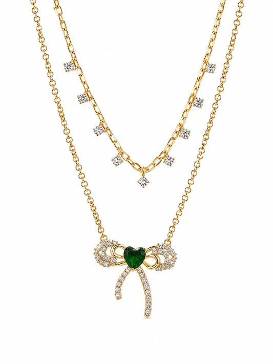 Verena Green Heart Bow Layered Necklace