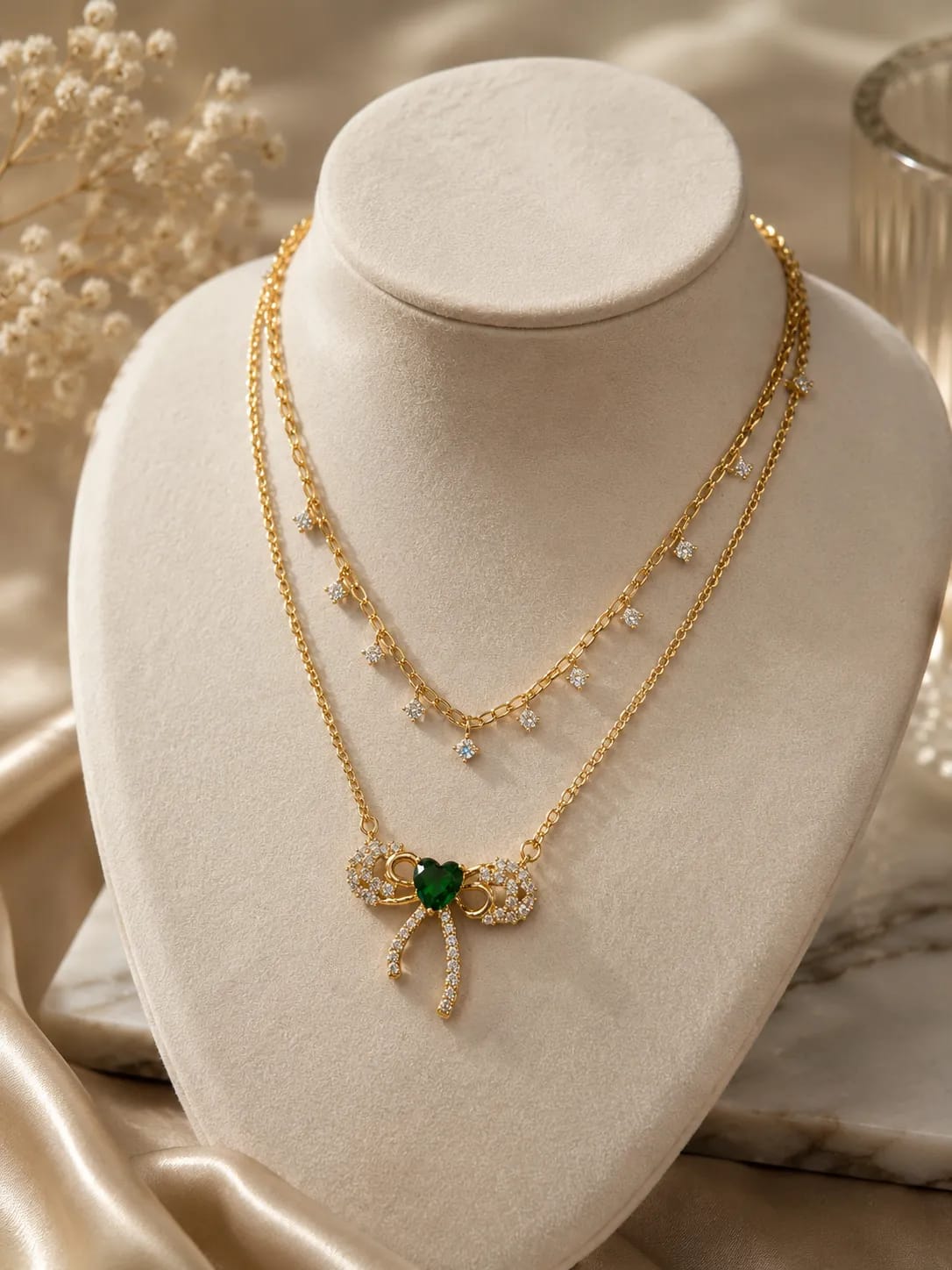 LUXARQ Green Heart Bow Layered Necklace