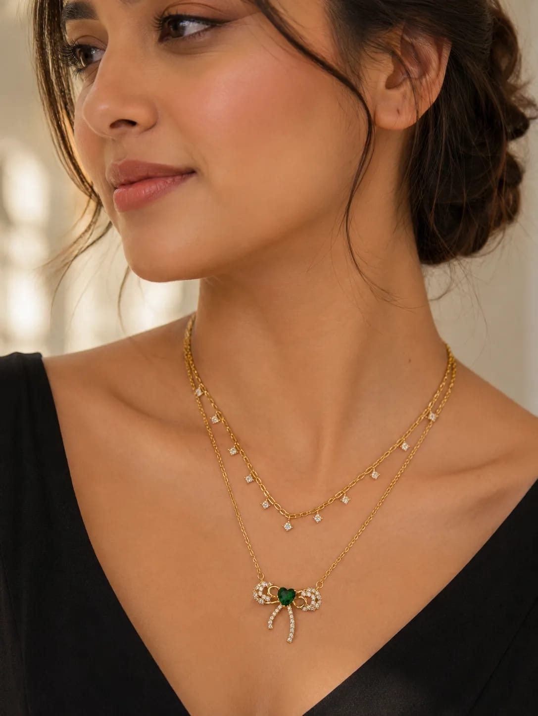 LUXARQ Green Heart Bow Layered Necklace