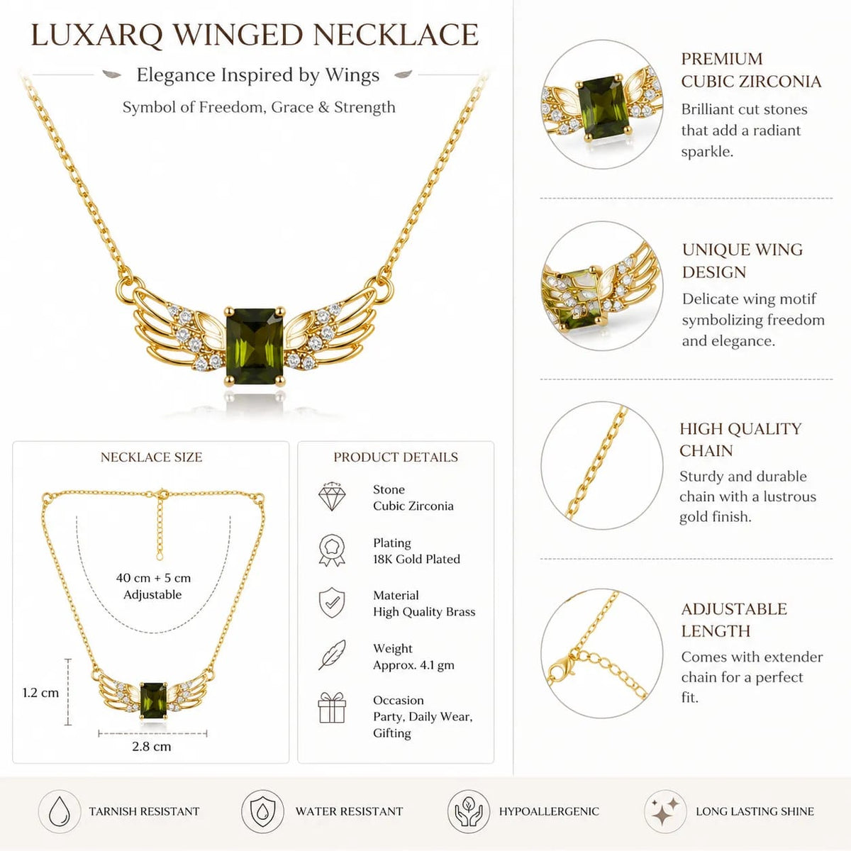 LUXARQ Winged Green Stone Gold Plated Fashion Necklace
