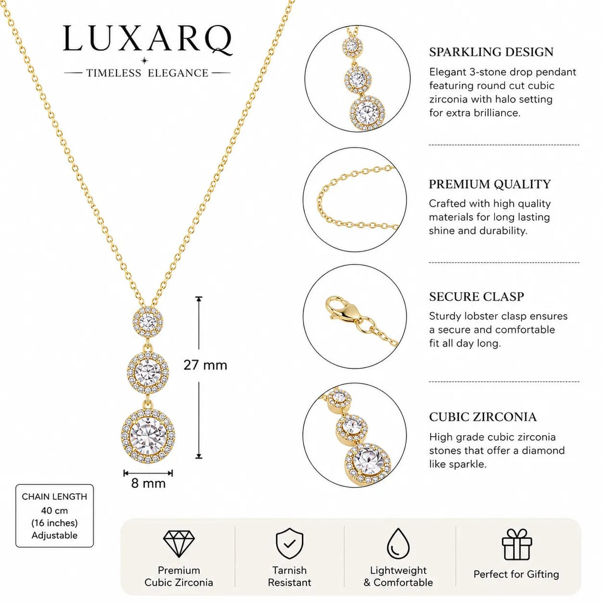 LUXARQ Gold Plated Cubic Zirconia 3-Stone Drop Necklace
