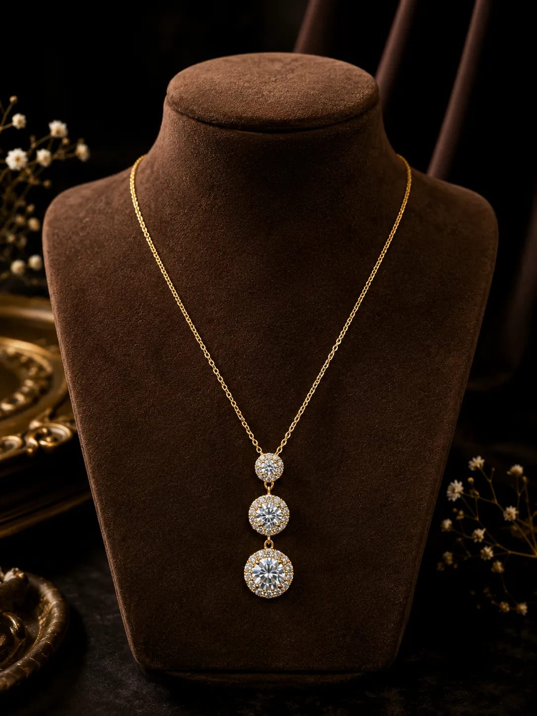 LUXARQ Gold Plated Cubic Zirconia 3-Stone Drop Necklace