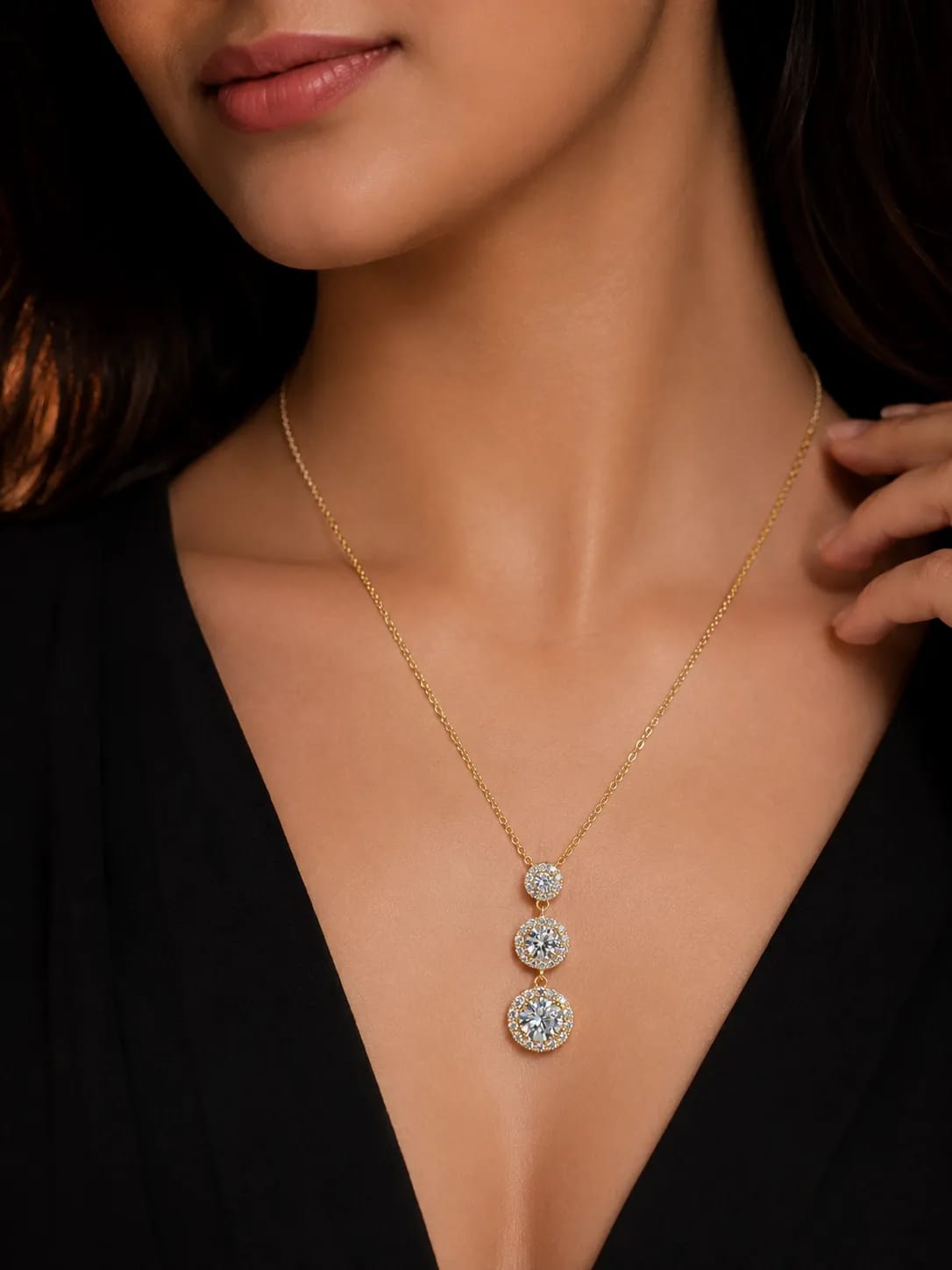 LUXARQ Gold Plated Cubic Zirconia 3-Stone Drop Necklace