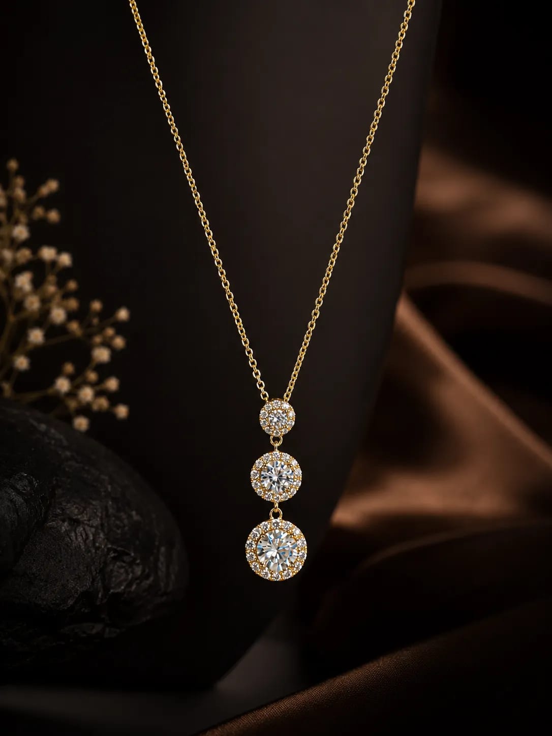 LUXARQ Gold Plated Cubic Zirconia 3-Stone Drop Necklace