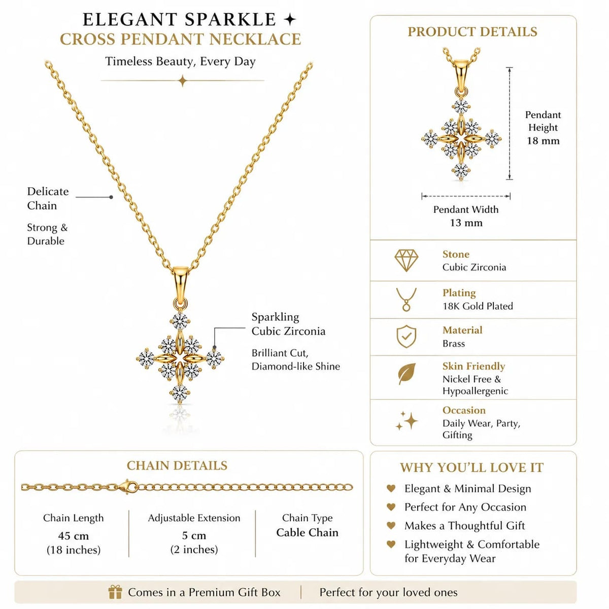 LUXARQ 18K Gold Plated Cross Pendant Necklace