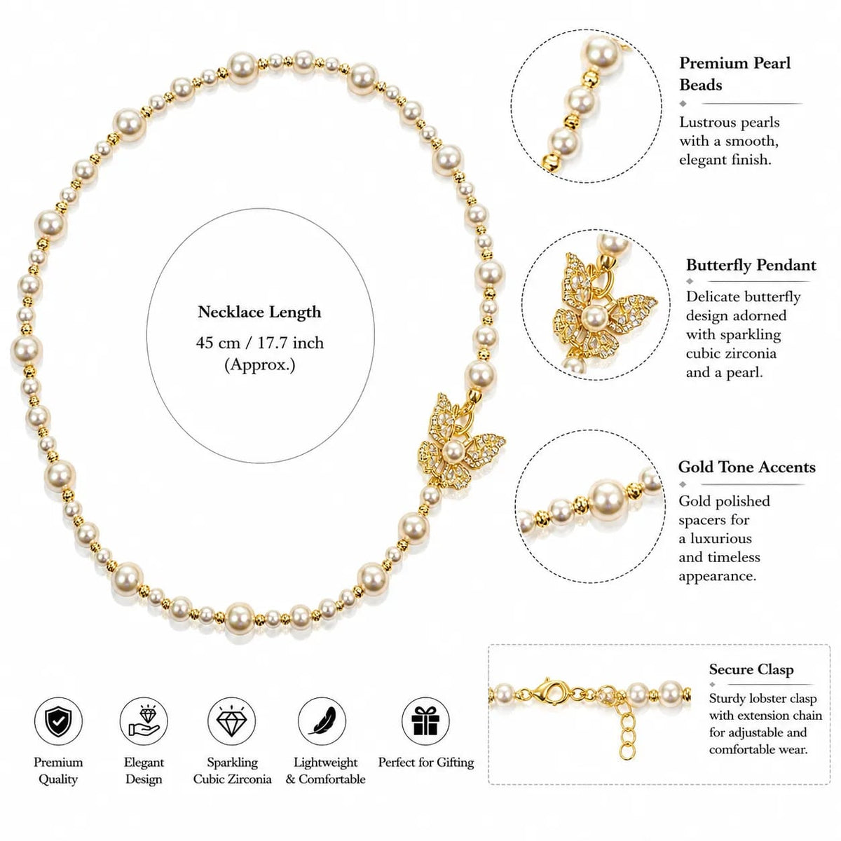 LUXARQ Pearl Butterfly Pendant Necklace