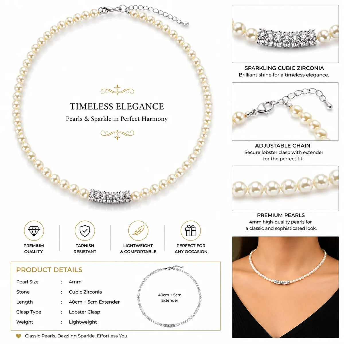 LUXARQ Pearl Cubic Zirconia Necklace for Women