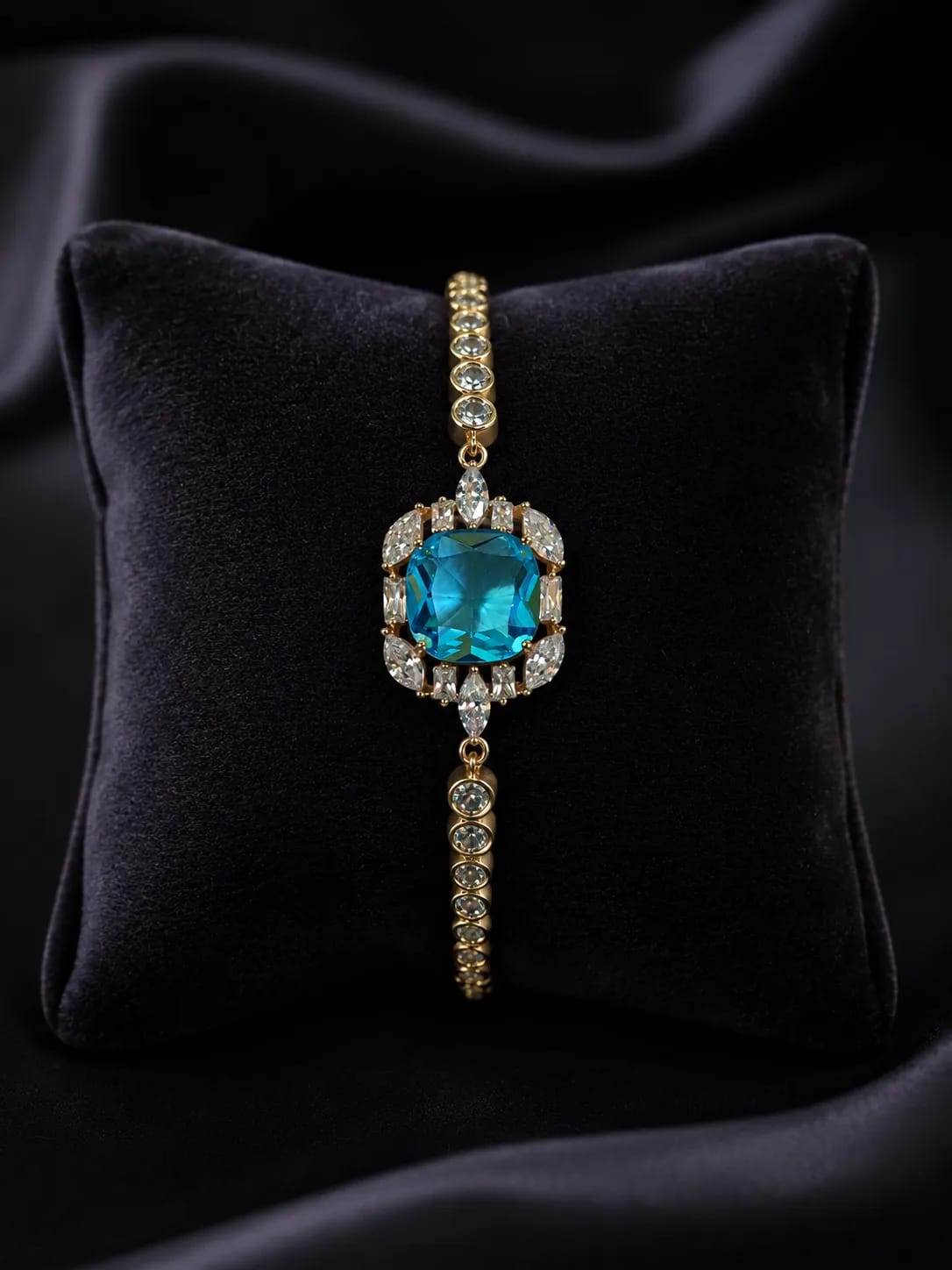 LUXARQ 18K Gold Plated Blue Cushion Cut CZ Statement Bracelet
