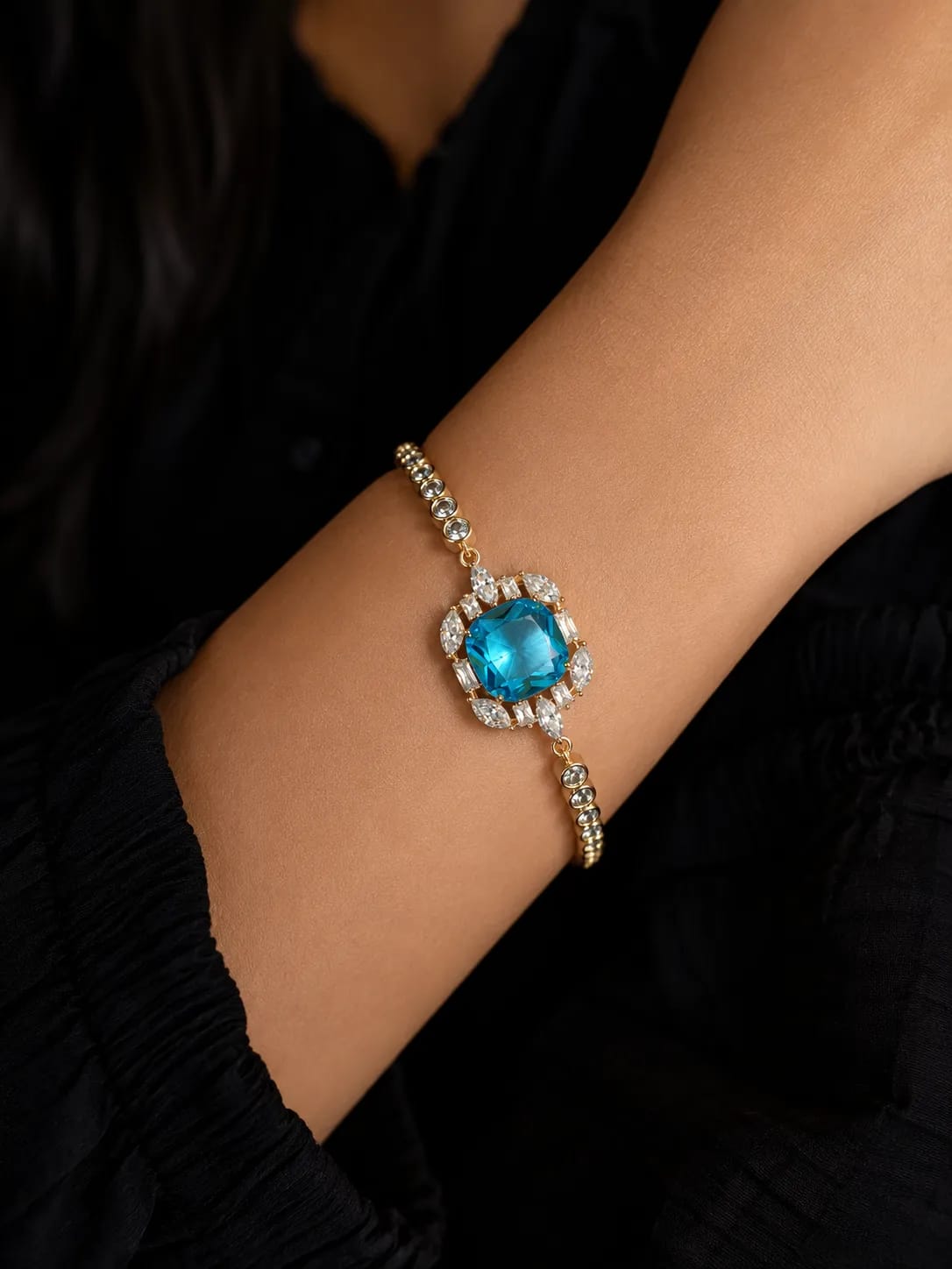 LUXARQ 18K Gold Plated Blue Cushion Cut CZ Statement Bracelet