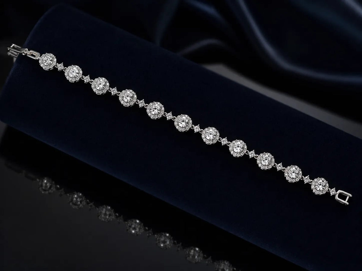 LUXARQ Oval Halo CZ Rhodium Plated Tennis Bracelet