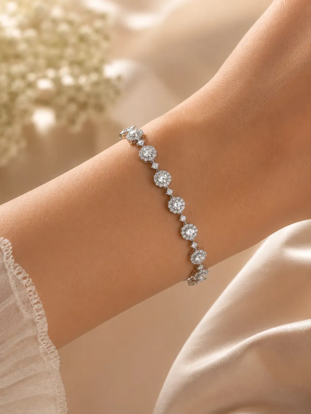 LUXARQ Oval Halo CZ Rhodium Plated Tennis Bracelet