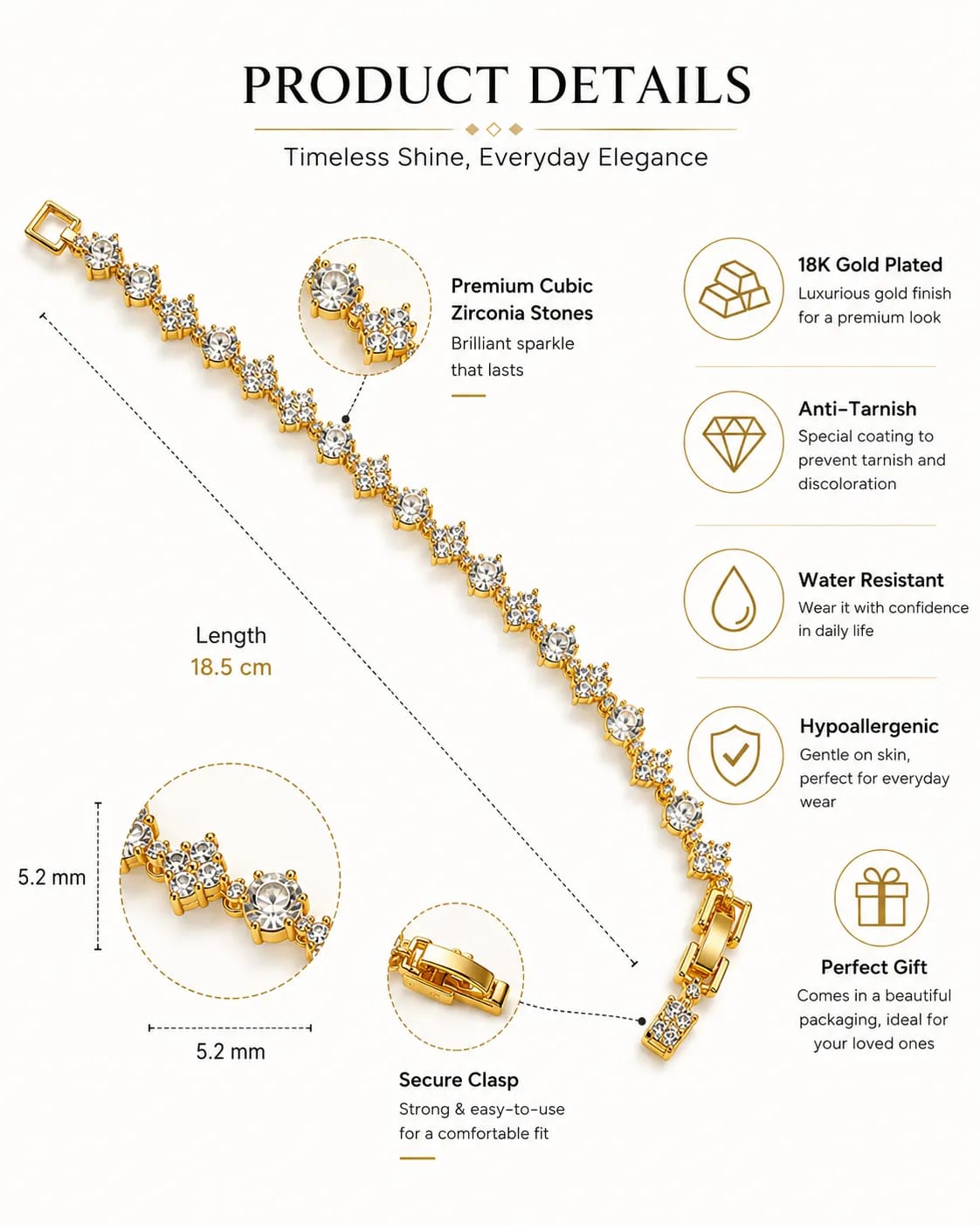 LUXARQ Gold Tone Crystal Link Bracelet for Women
