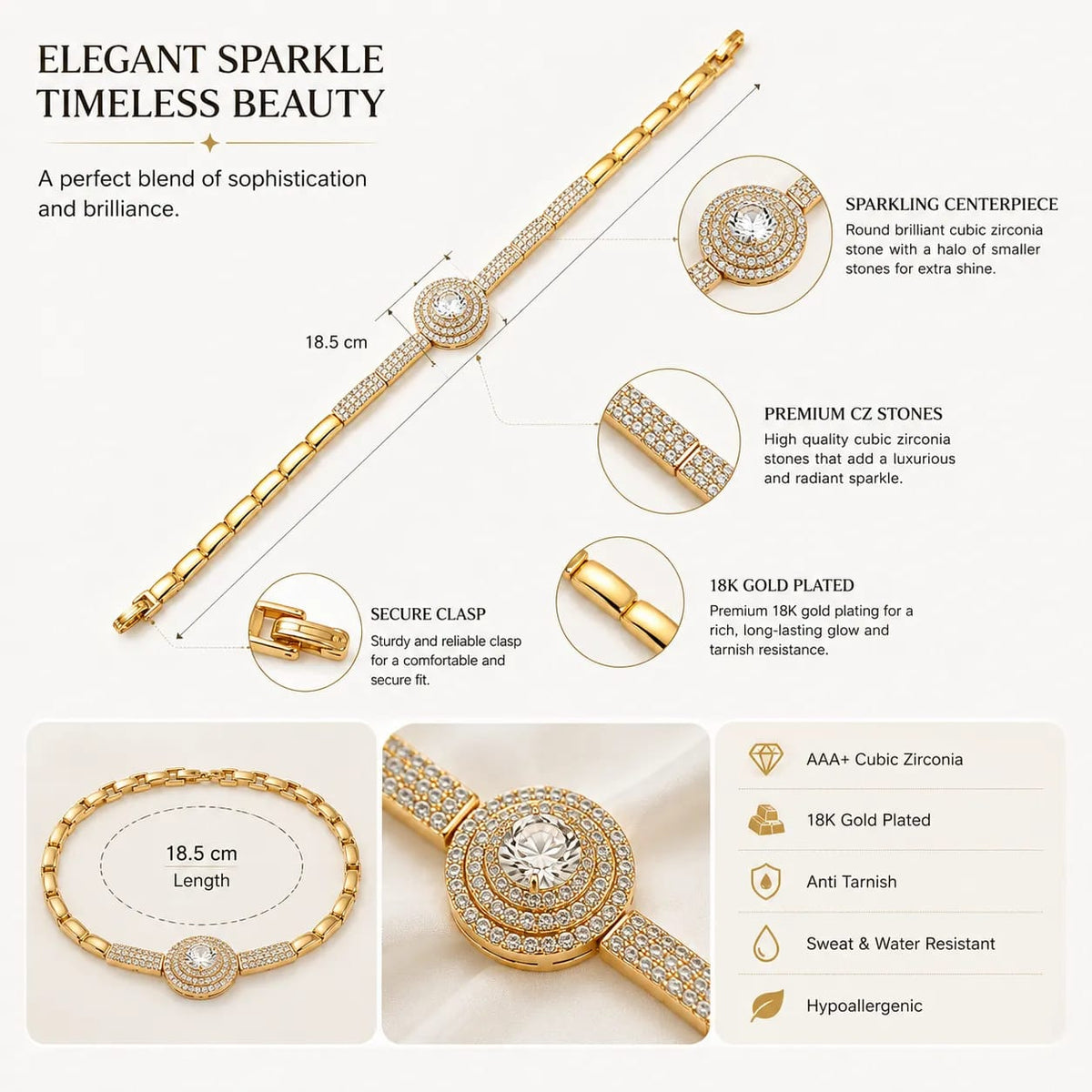 LUXARQ 18K Gold Plated Statement Bracelet for Women