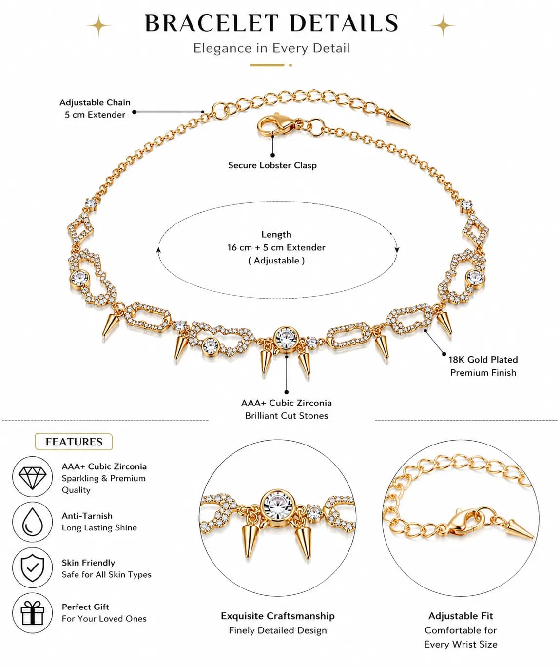 LUXARQ 18K Gold Plated Cubic Zirconia Statement Bracelet