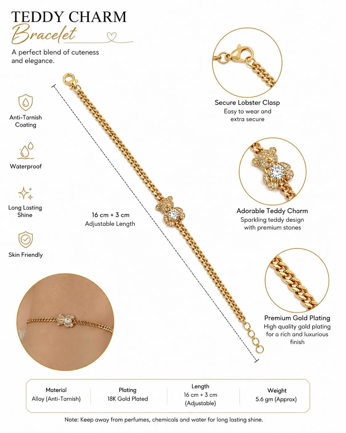 LUXARQ 18K Gold Plated Teddy Charm Bracelet for Women