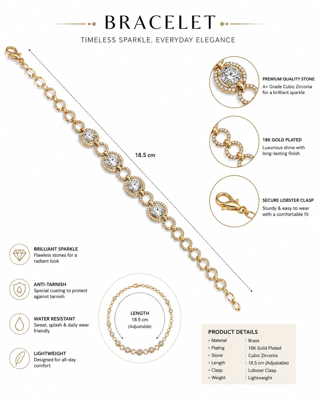 LUXARQ 18K Gold Plated CZ Link Bracelet for Women