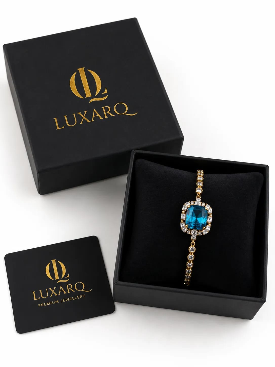 LUXARQ 18K Gold Plated Blue Cushion Cut CZ Statement Bracelet
