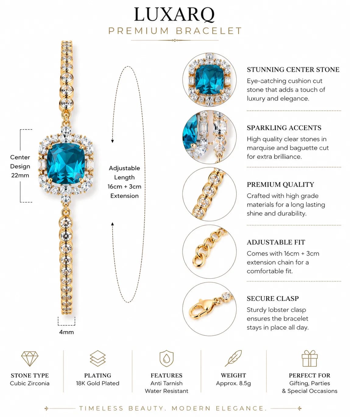 LUXARQ 18K Gold Plated Blue Cushion Cut CZ Statement Bracelet