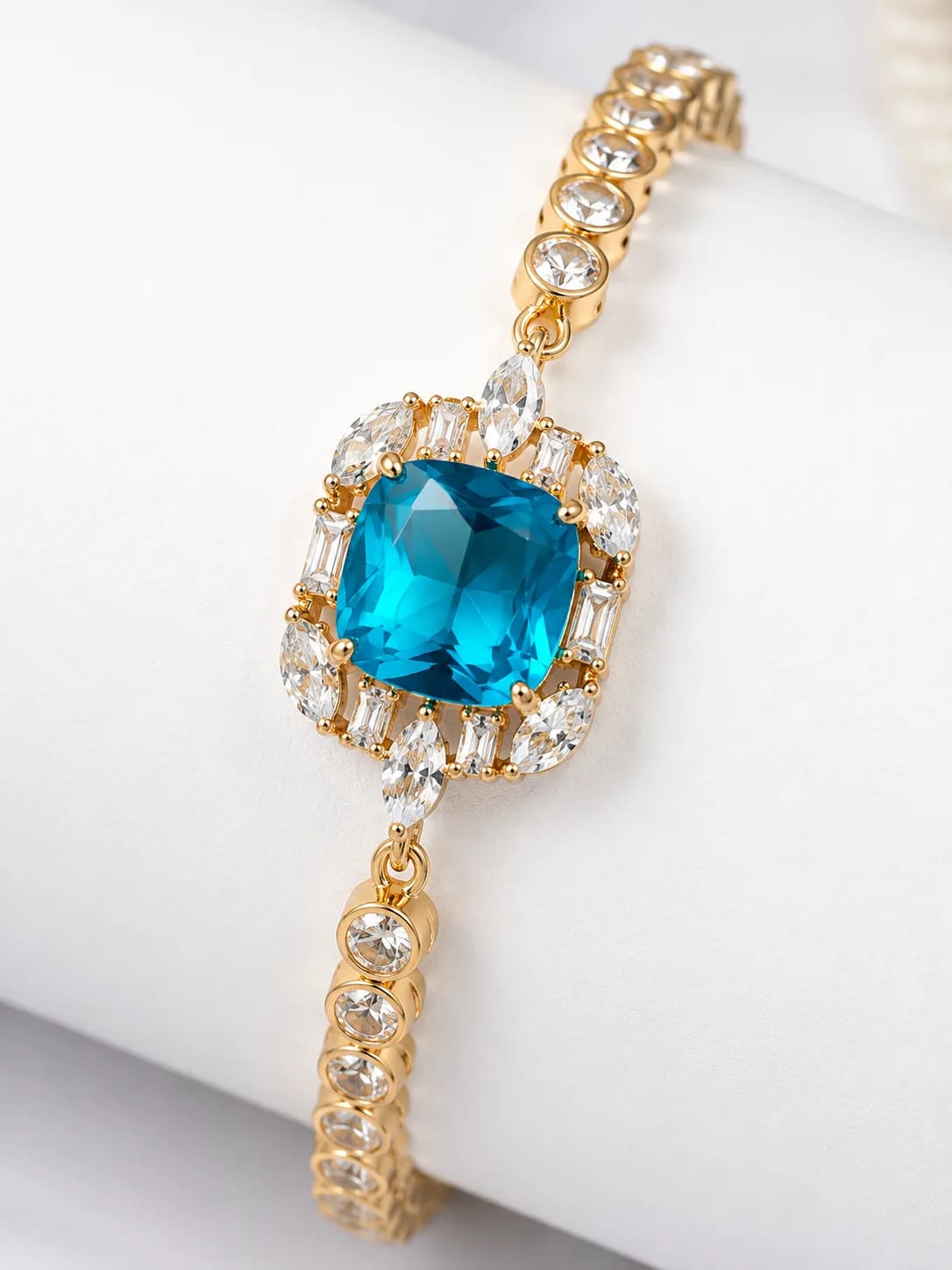 LUXARQ 18K Gold Plated Blue Cushion Cut CZ Statement Bracelet