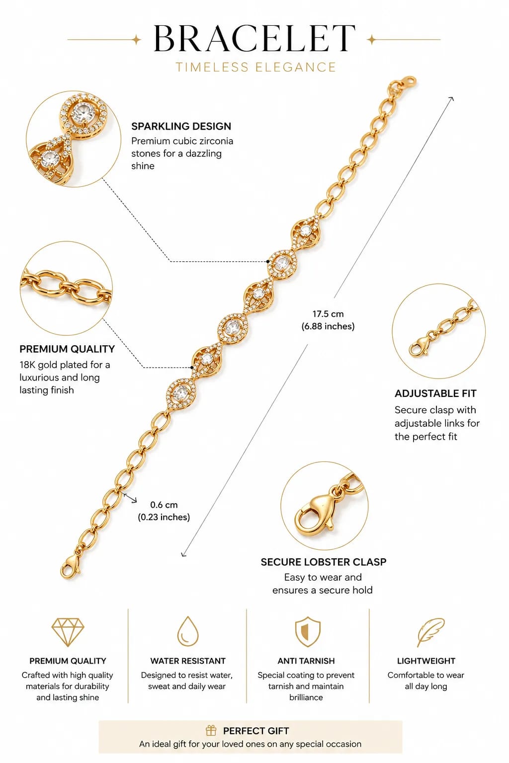 LUXARQ 18K Gold Plated CZ Bracelet for Women