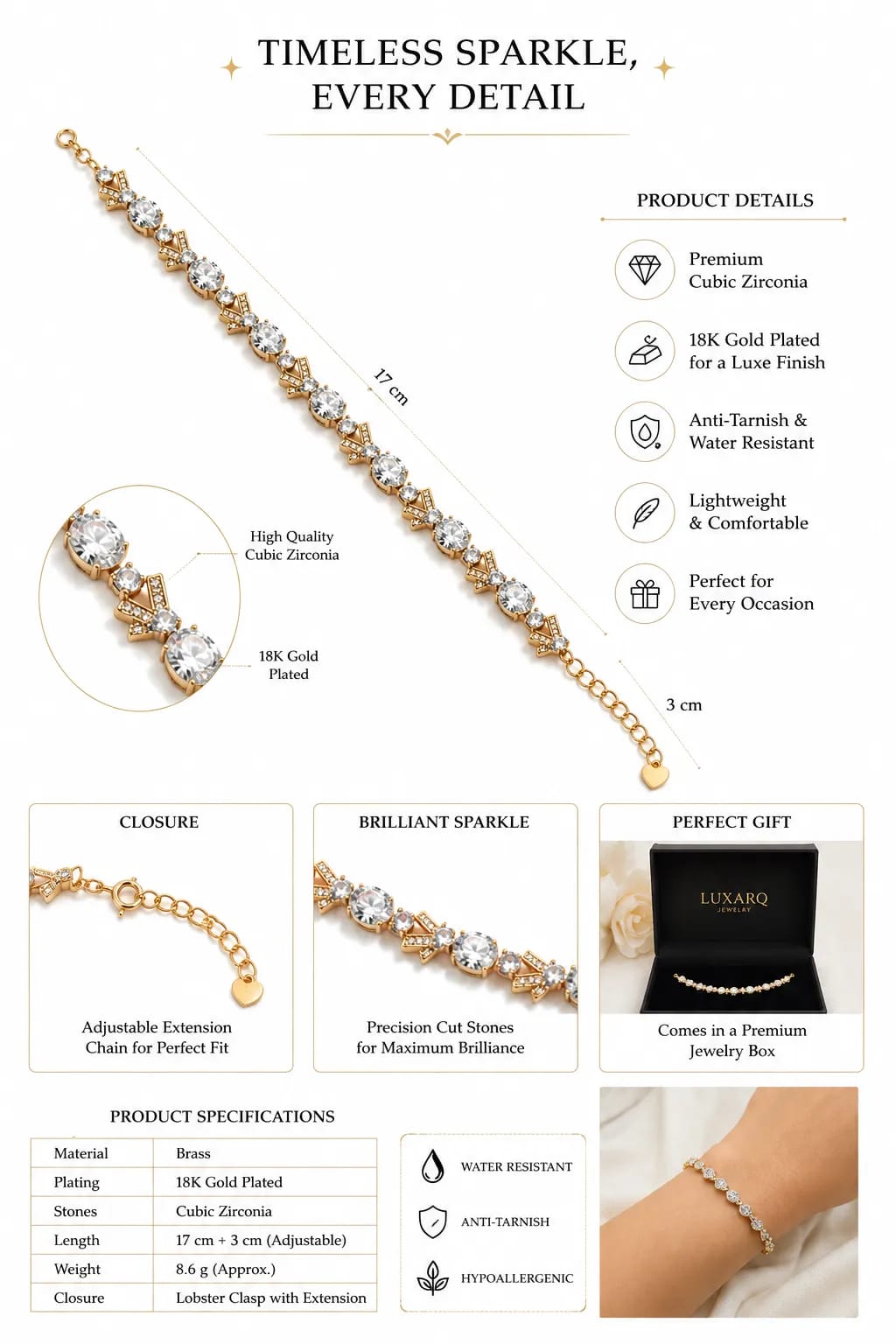 LUXARQ 18K Gold Plated Crystal Link Bracelet for Women