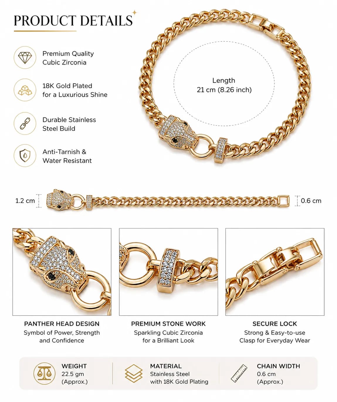 LUXARQ Panther Head 18K Gold Plated Bracelet for Women