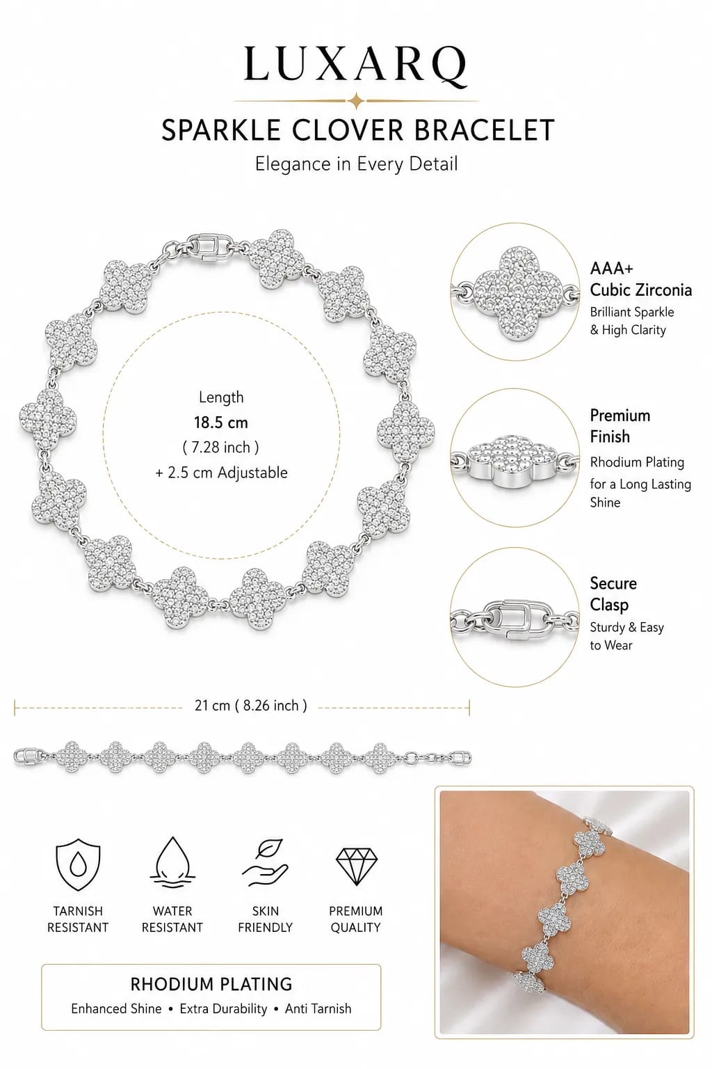 LUXARQ Sparkle Clover Silver Finish Bracelet for Women