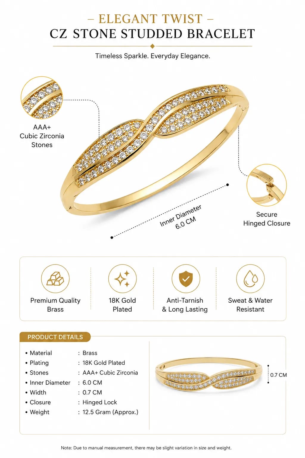 LUXARQ CZ Stone Studded Gold Plated Bracelet