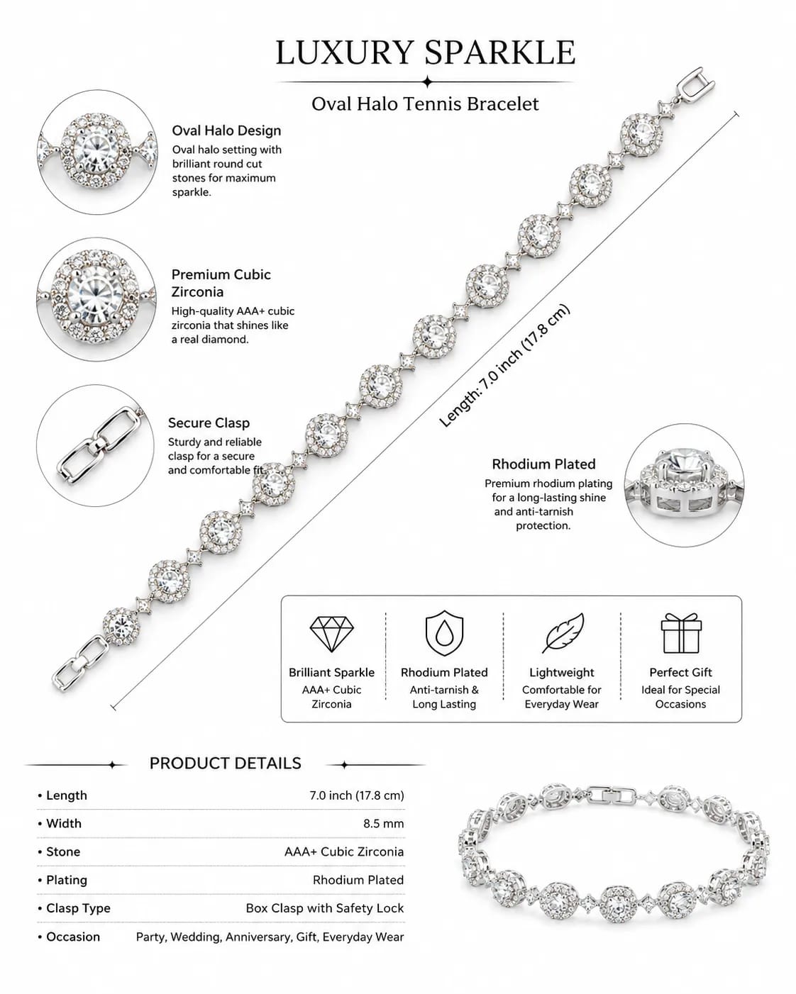 LUXARQ Oval Halo CZ Rhodium Plated Tennis Bracelet