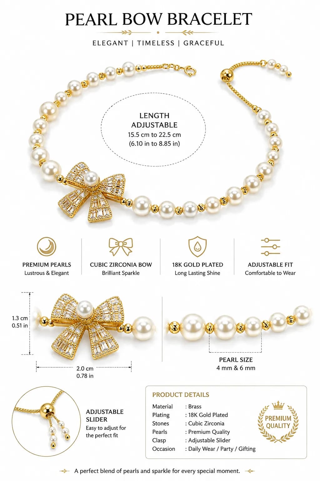 LUXARQ Pearl Bow  18K Gold Plated Bracelet for Women