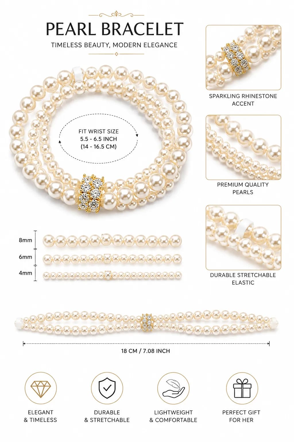 LUXARQ Pearl Bracelet with Rhinestone Accent