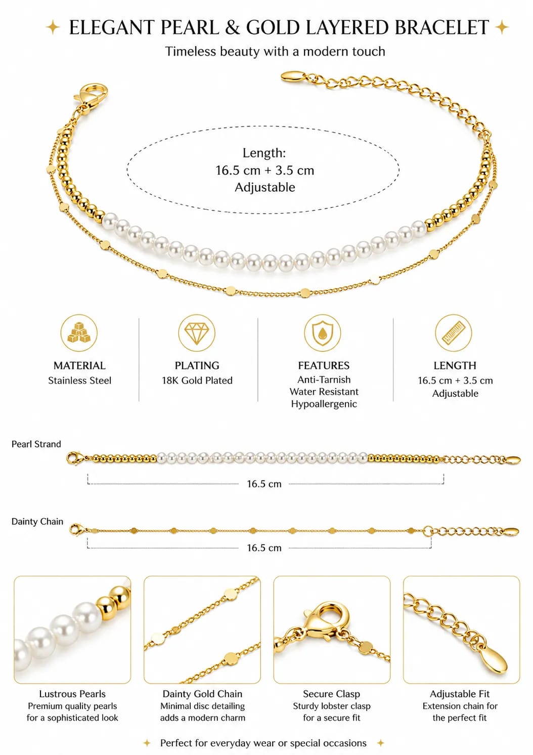 LUXARQ Pearl & Gold Layered Bracelet