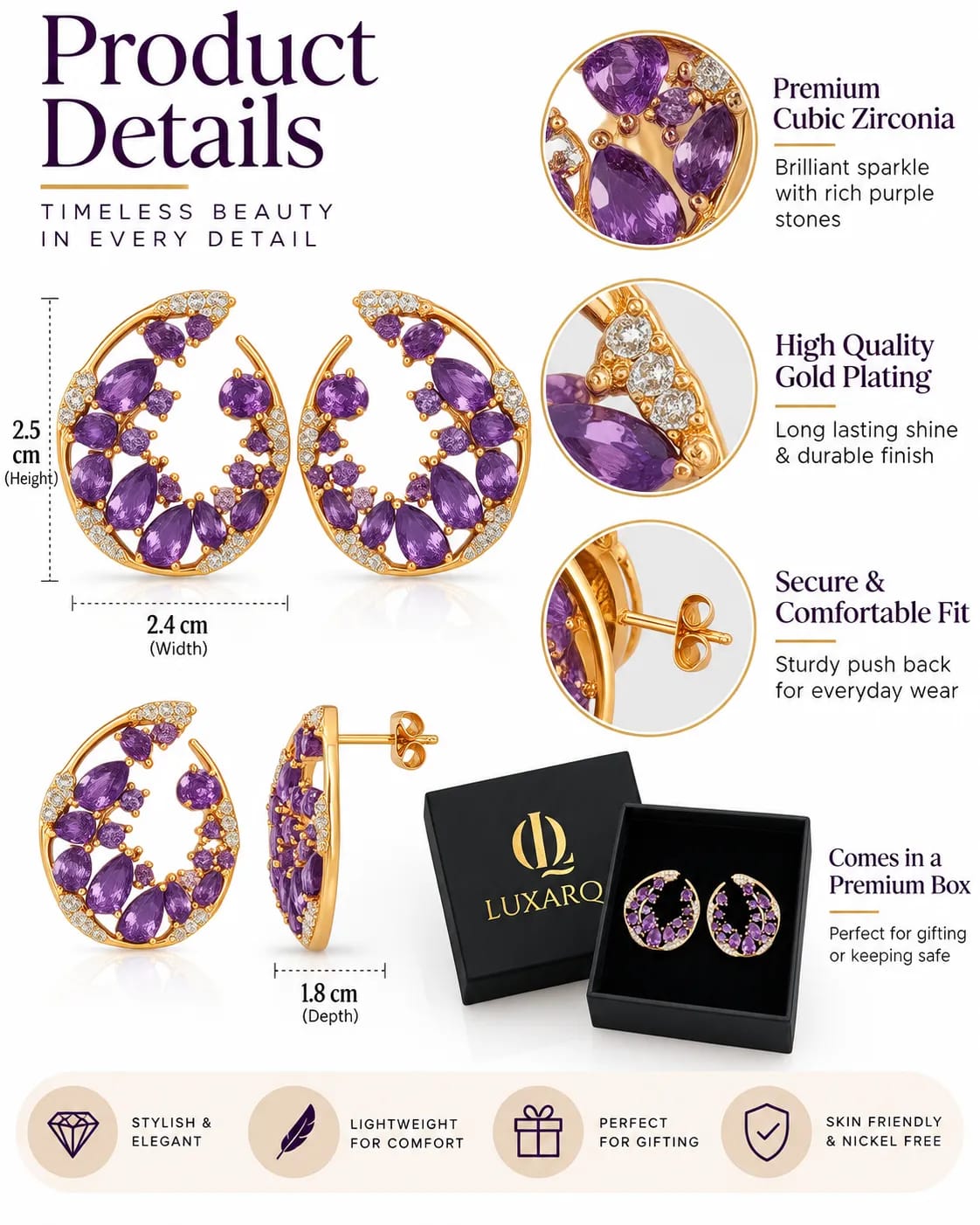 Amethysta Purple CZ Statement Earrings
