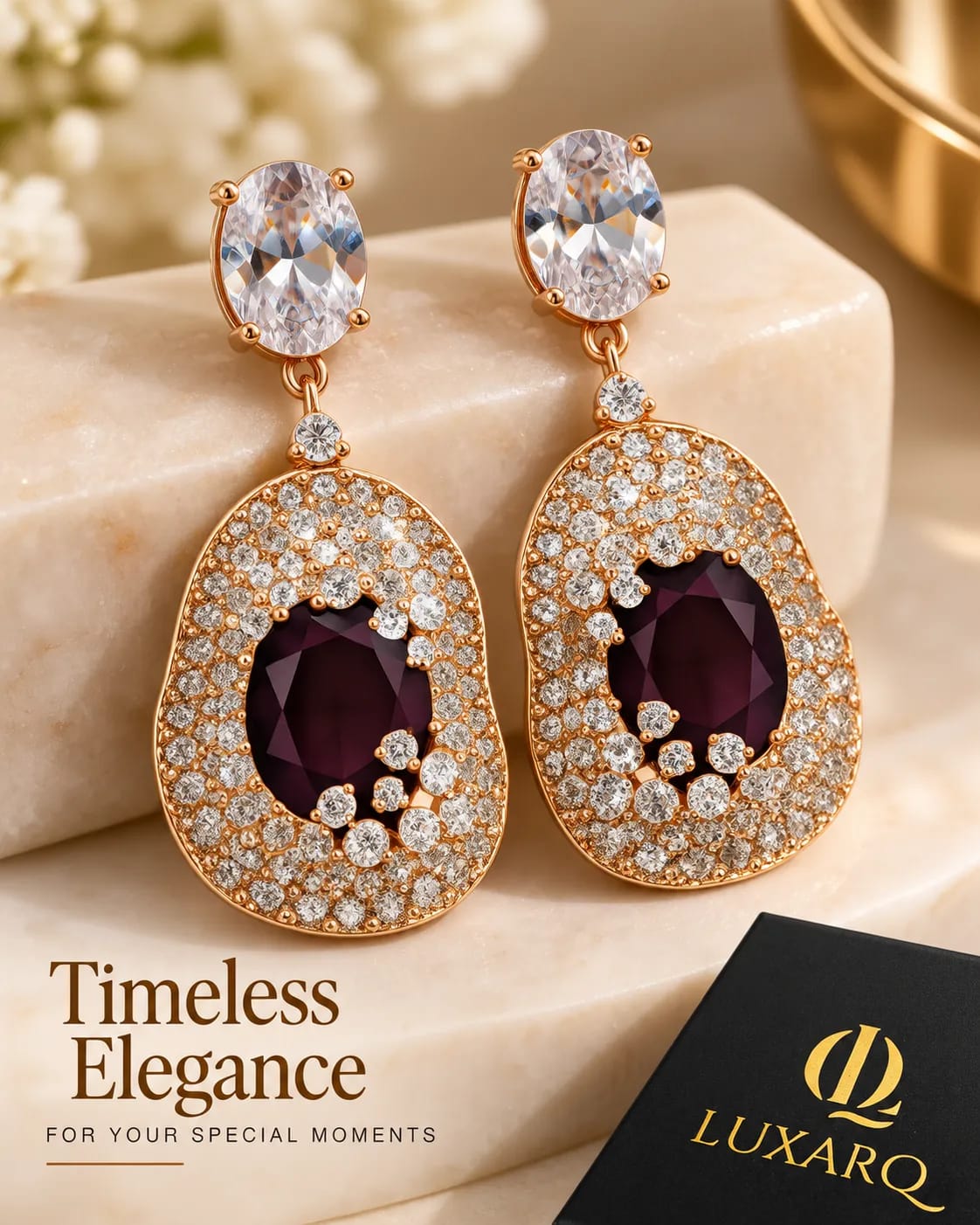 Burgundy Halo CZ Statement Drop Earrings