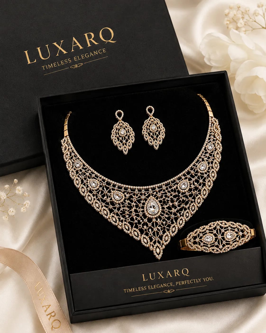 LUXARQ Gold Plated Statement Necklace Set with Earrings & Bracelet