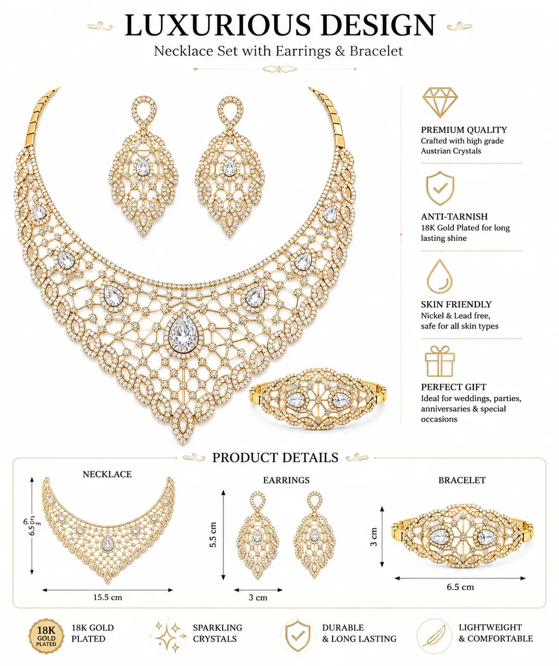 LUXARQ Gold Plated Statement Necklace Set with Earrings & Bracelet