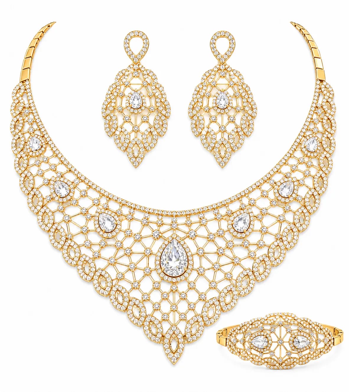 LUXARQ Gold Plated Statement Necklace Set with Earrings & Bracelet